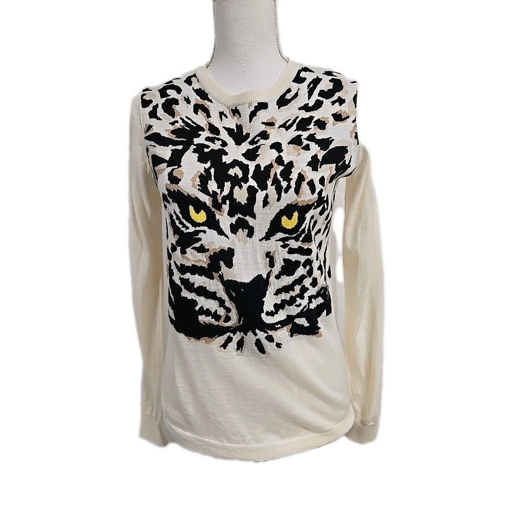 Sonia Rykiel Sweater Leopard Print 100% Laine Wool Beige SOFT Women's Sz S RARE
